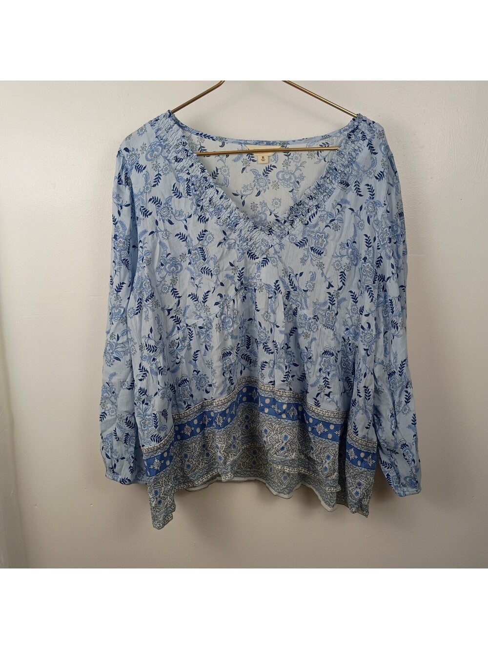 Lucky Brand Babydoll Blouse Size XL Blue Floral Balloon Sleeves V- Neck Top